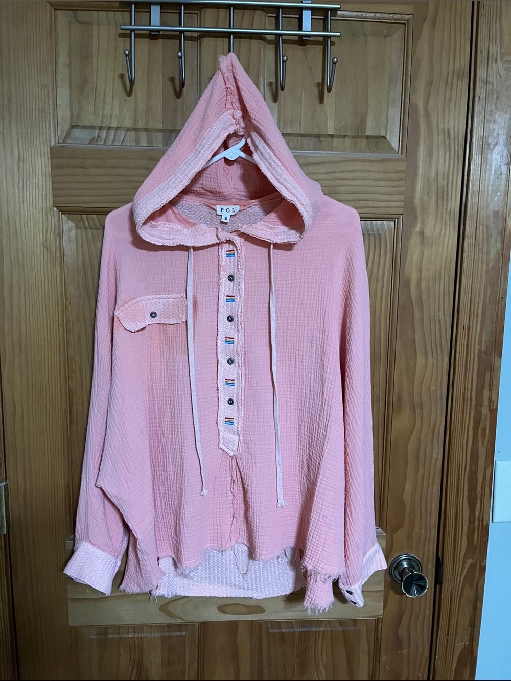 POL Soft Peach Textured Hooded Pullover